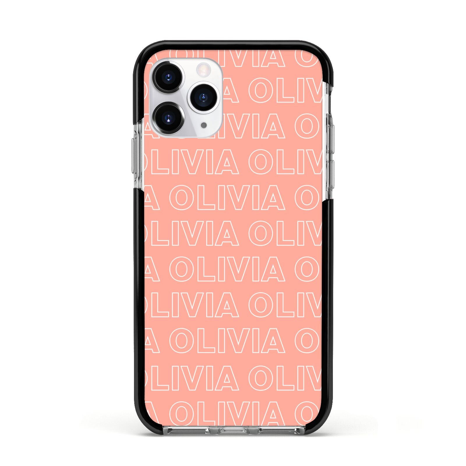 Personalised Peach Name Apple iPhone 11 Pro in Silver with Black Impact Case