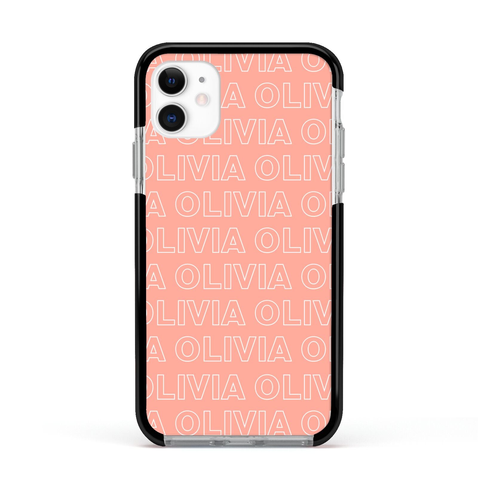 Personalised Peach Name Apple iPhone 11 in White with Black Impact Case