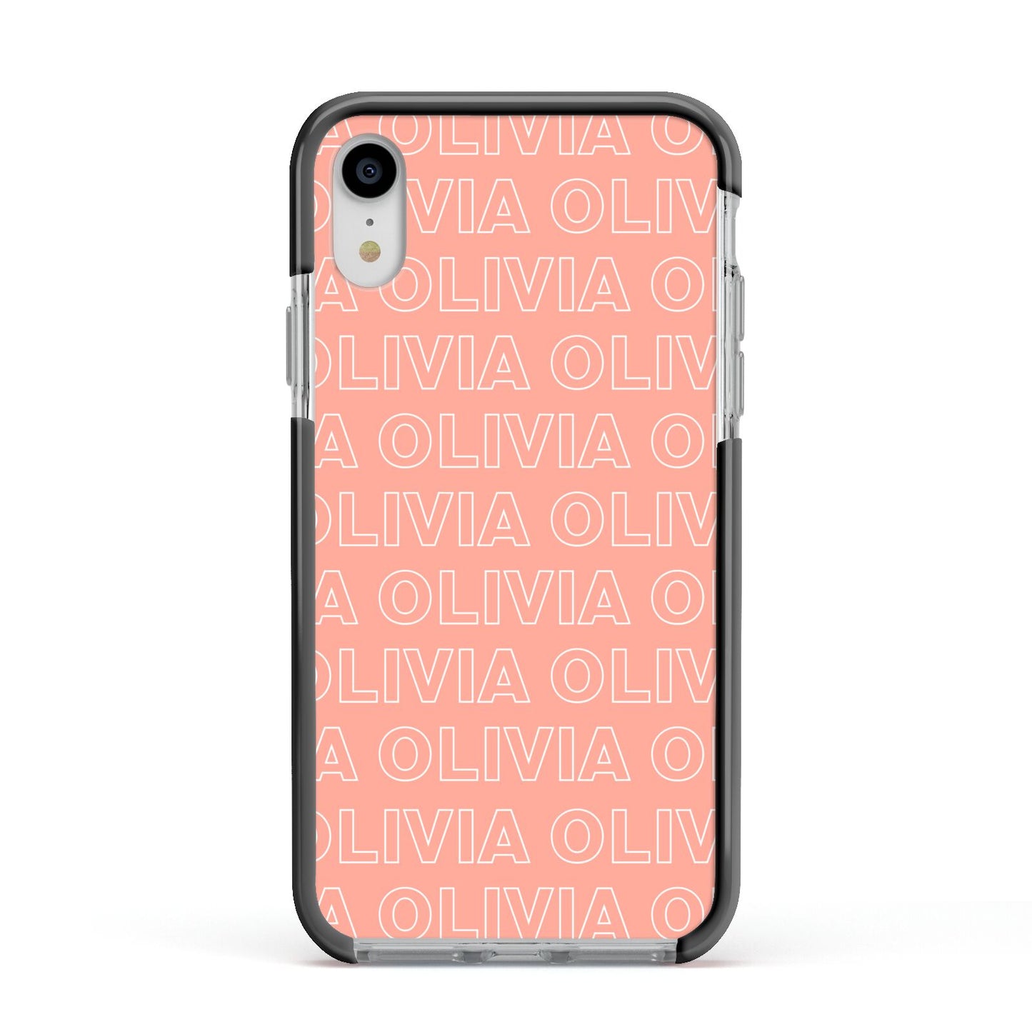 Personalised Peach Name Apple iPhone XR Impact Case Black Edge on Silver Phone