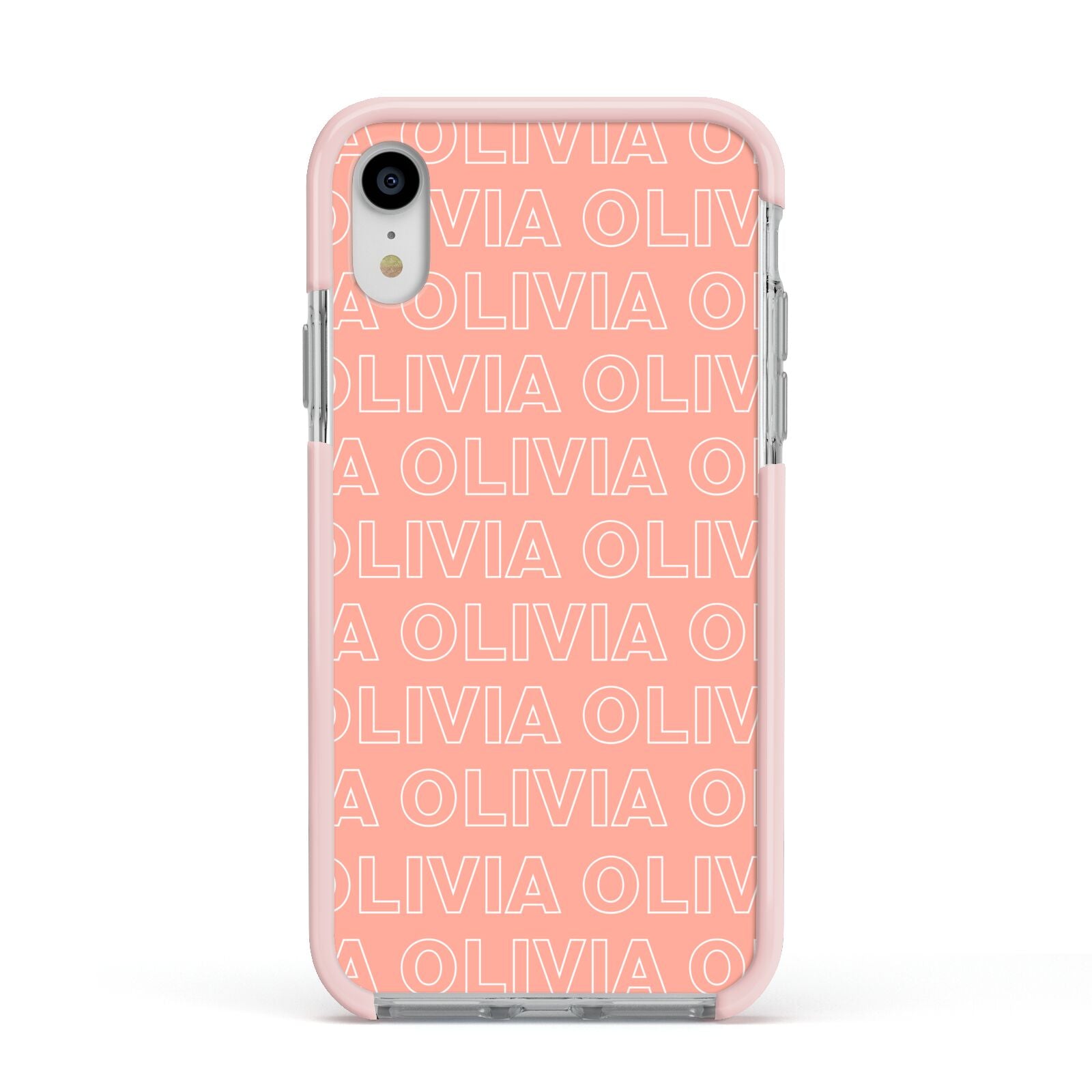 Personalised Peach Name Apple iPhone XR Impact Case Pink Edge on Silver Phone