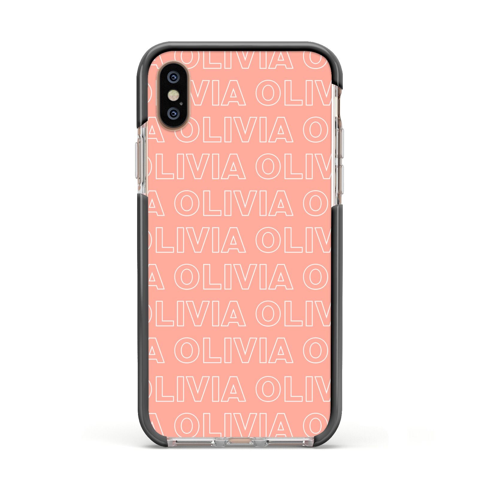Personalised Peach Name Apple iPhone Xs Impact Case Black Edge on Gold Phone