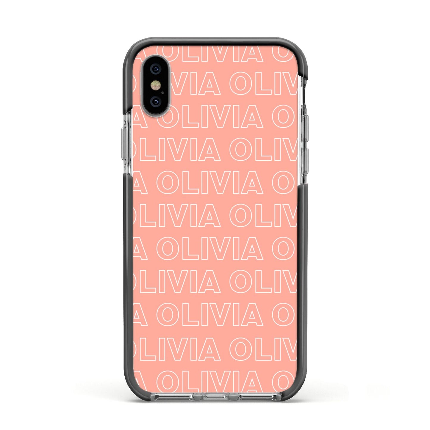 Personalised Peach Name Apple iPhone Xs Impact Case Black Edge on Silver Phone