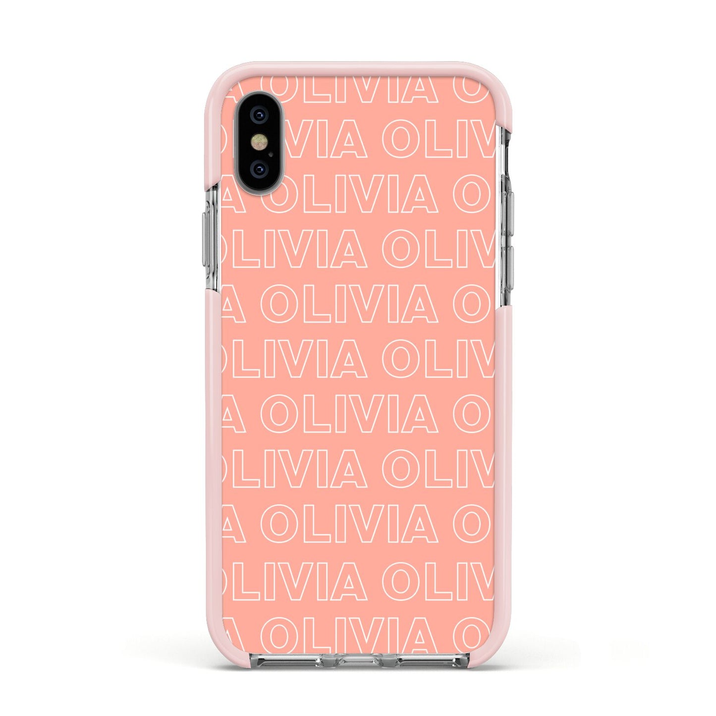 Personalised Peach Name Apple iPhone Xs Impact Case Pink Edge on Silver Phone