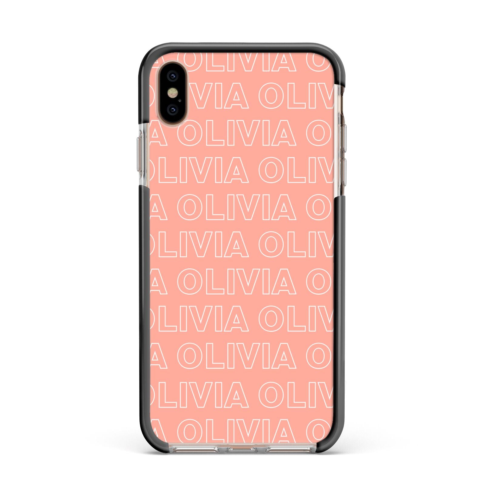 Personalised Peach Name Apple iPhone Xs Max Impact Case Black Edge on Gold Phone