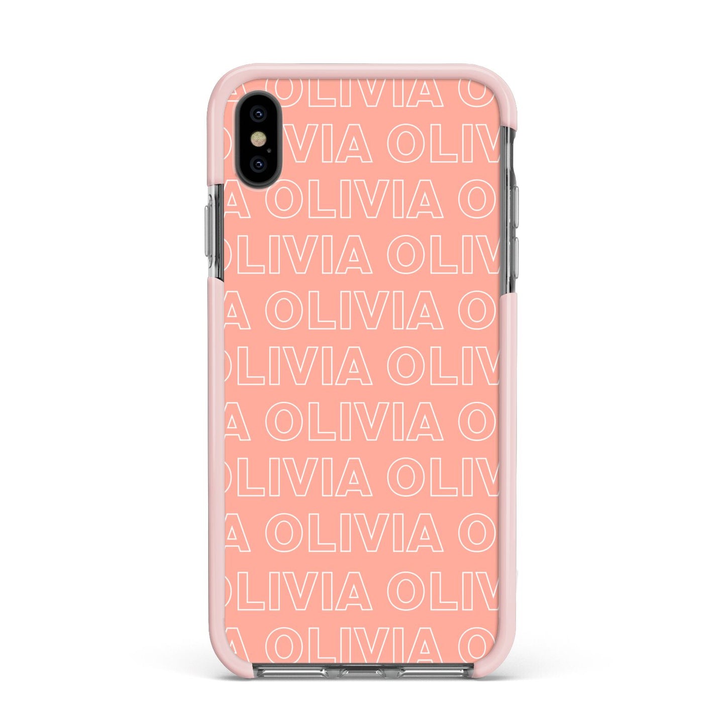 Personalised Peach Name Apple iPhone Xs Max Impact Case Pink Edge on Black Phone