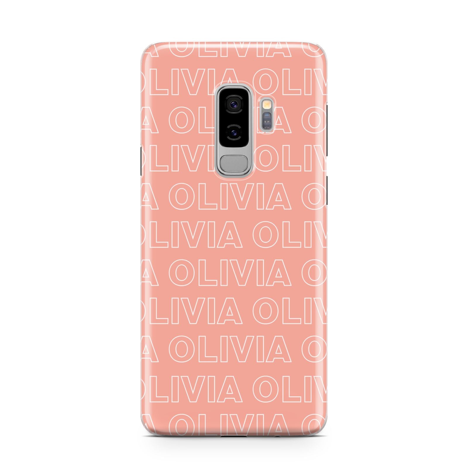 Personalised Peach Name Samsung Galaxy S9 Plus Case on Silver phone