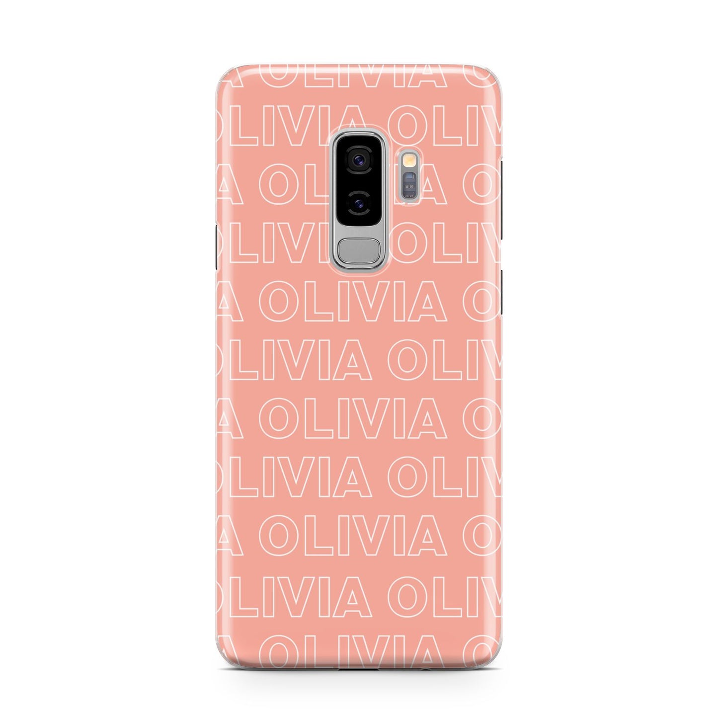 Personalised Peach Name Samsung Galaxy S9 Plus Case on Silver phone