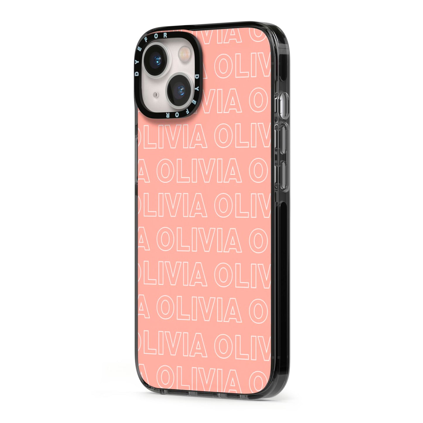 Personalised Peach Name iPhone 13 Black Impact Case Side Angle on Silver phone