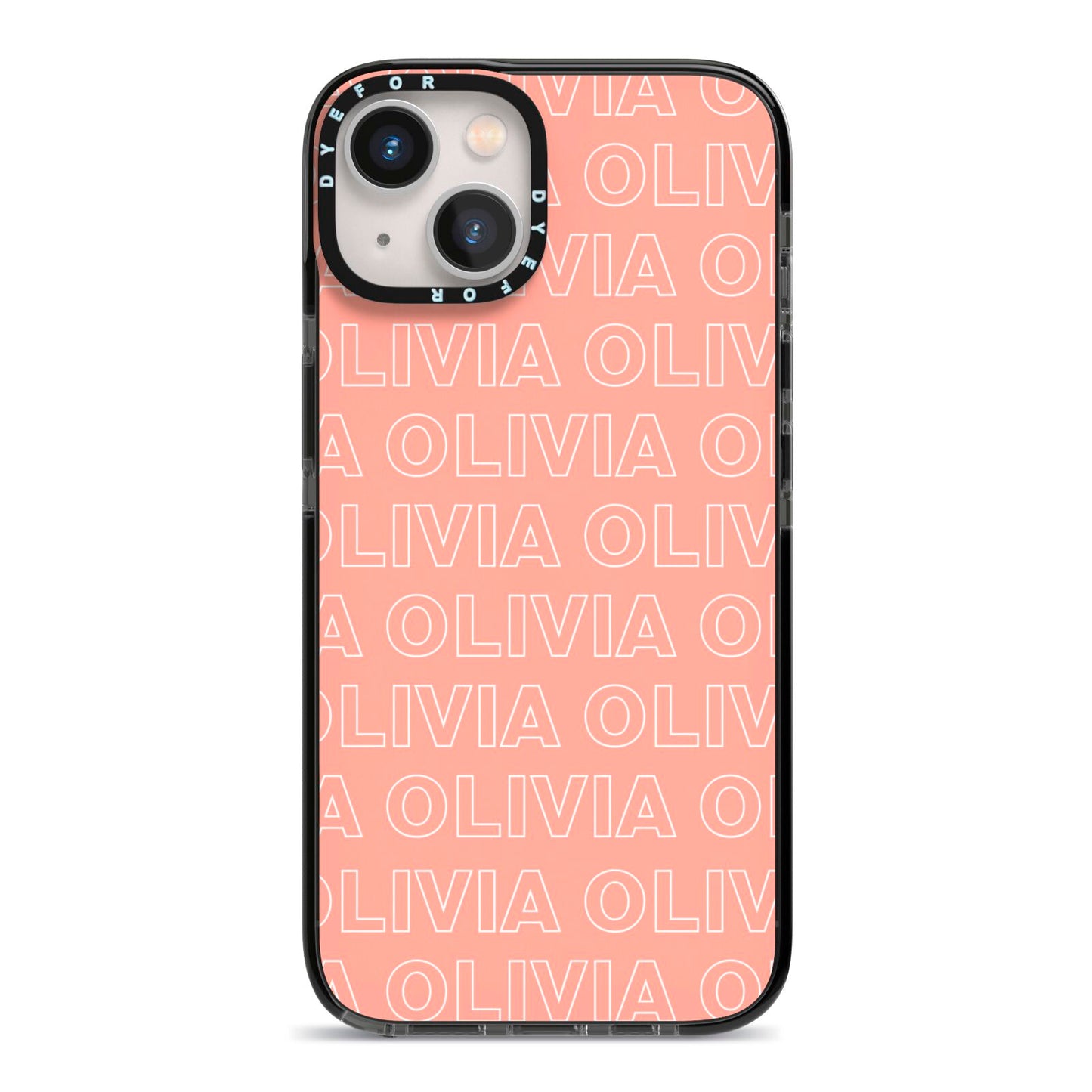 Personalised Peach Name iPhone 13 Black Impact Case on Silver phone