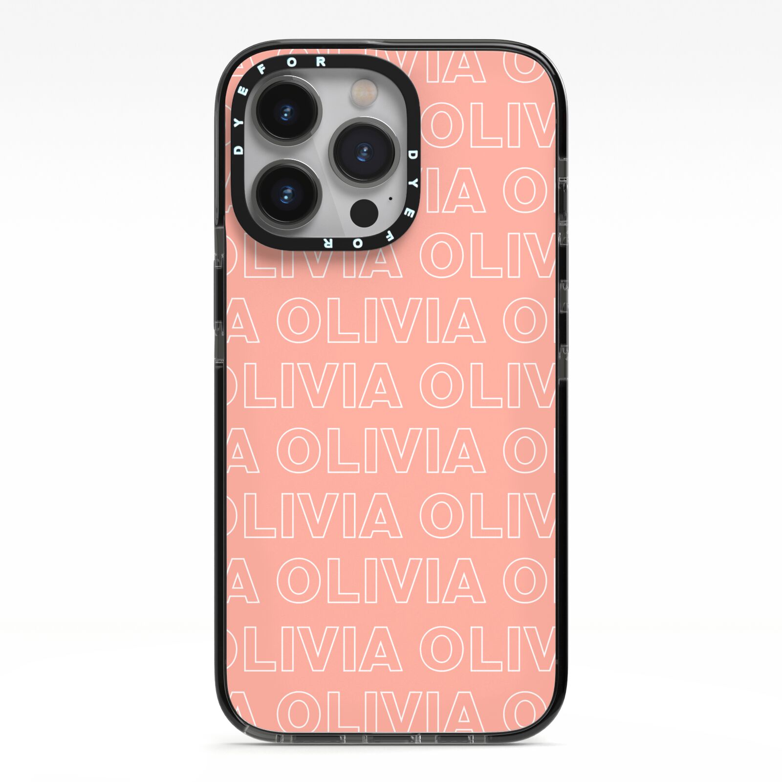 Personalised Peach Name iPhone 13 Pro Black Impact Case on Silver phone