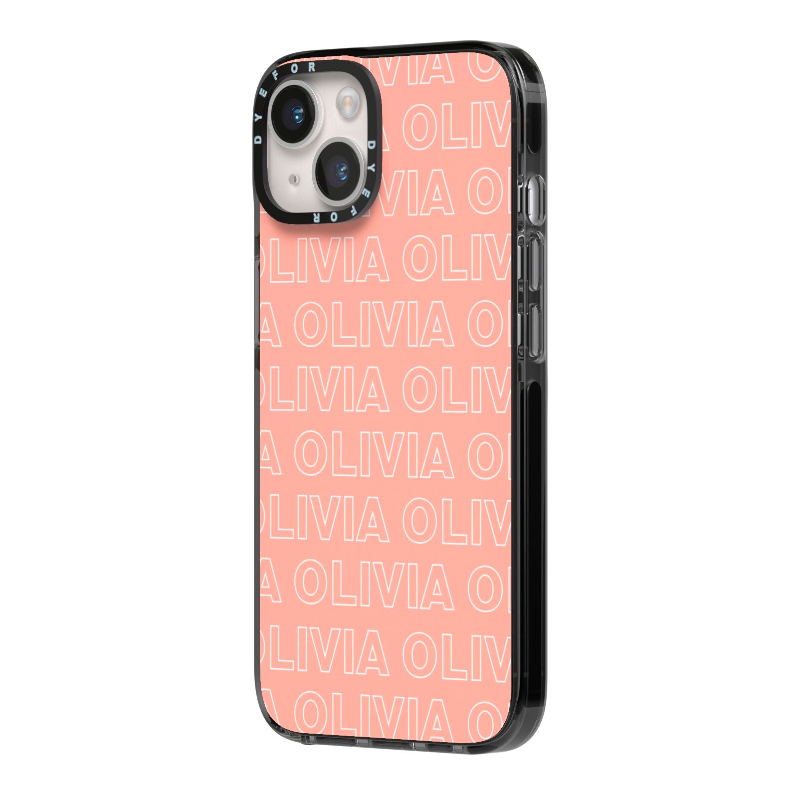 Personalised Peach Name iPhone 14 Black Impact Case Side Angle on Silver phone