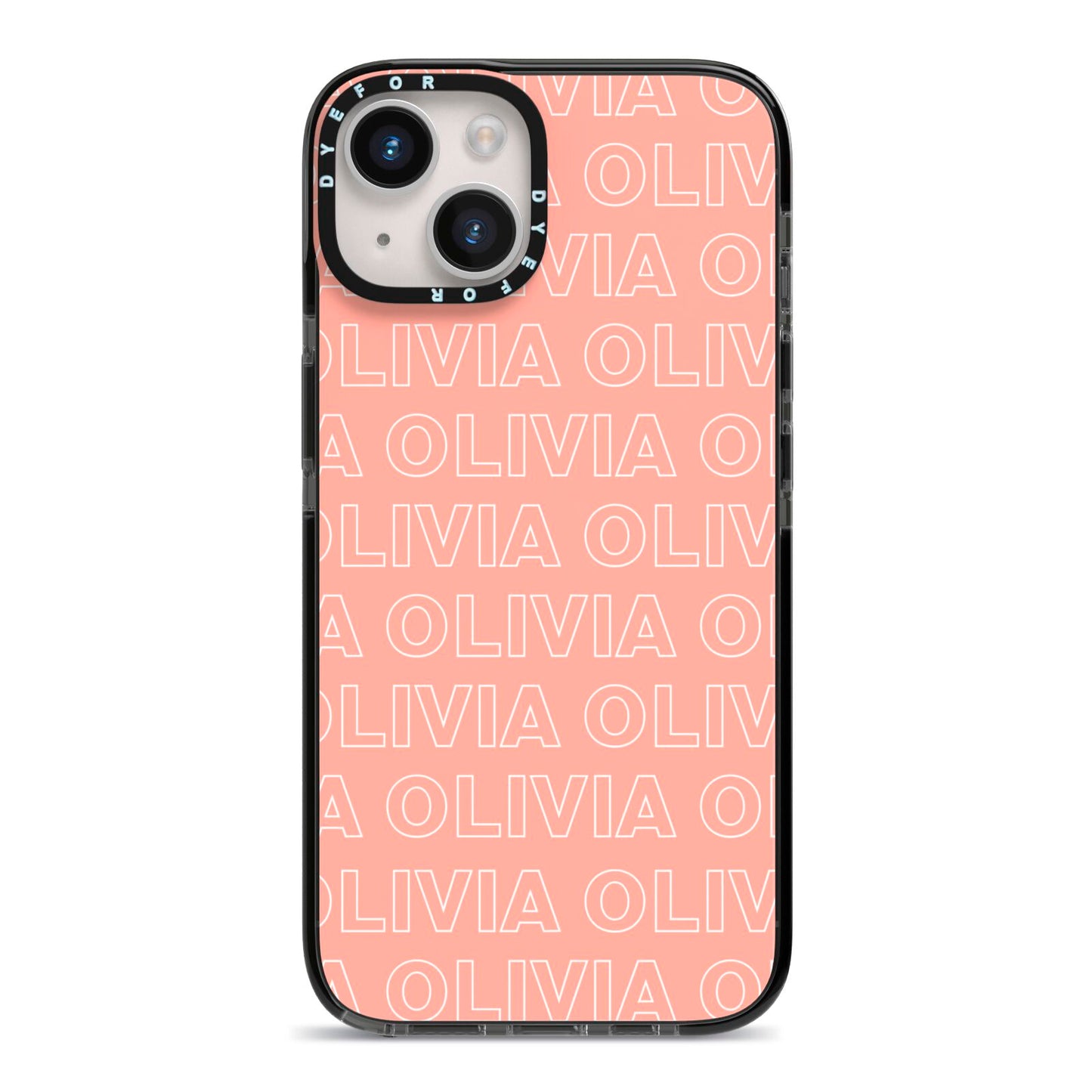 Personalised Peach Name iPhone 14 Black Impact Case on Silver phone