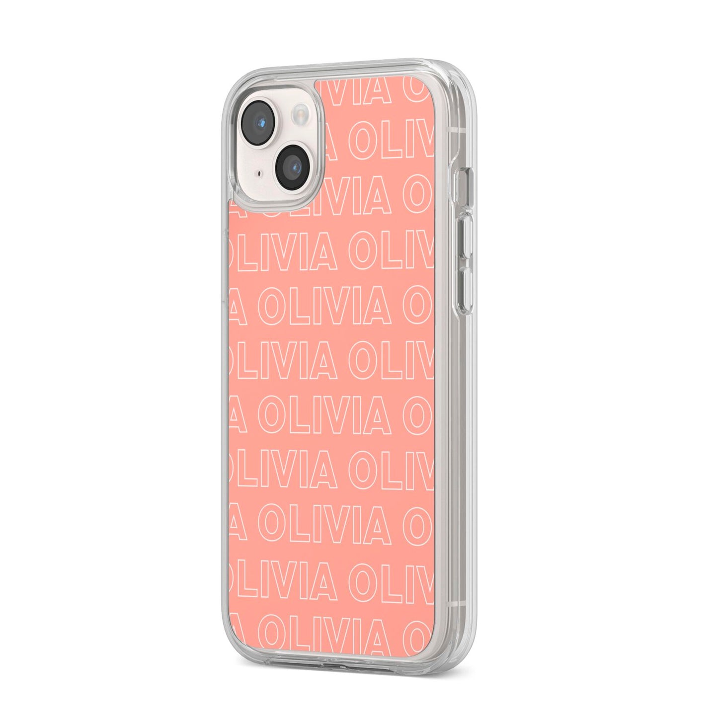 Personalised Peach Name iPhone 14 Plus Clear Tough Case Starlight Angled Image
