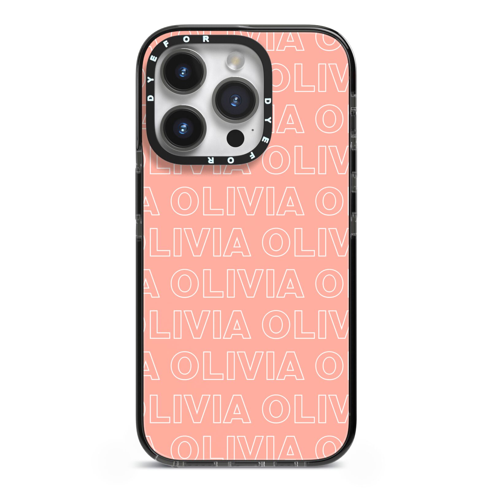 Personalised Peach Name iPhone 14 Pro Black Impact Case on Silver phone