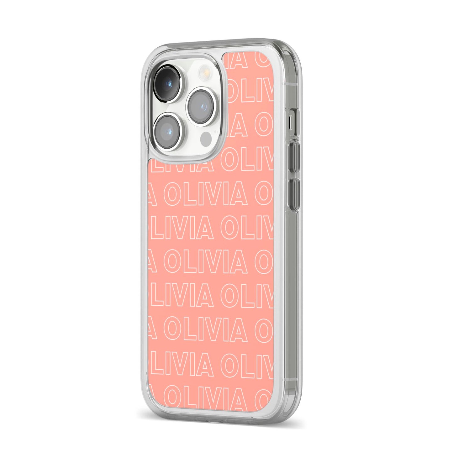 Personalised Peach Name iPhone 14 Pro Clear Tough Case Silver Angled Image