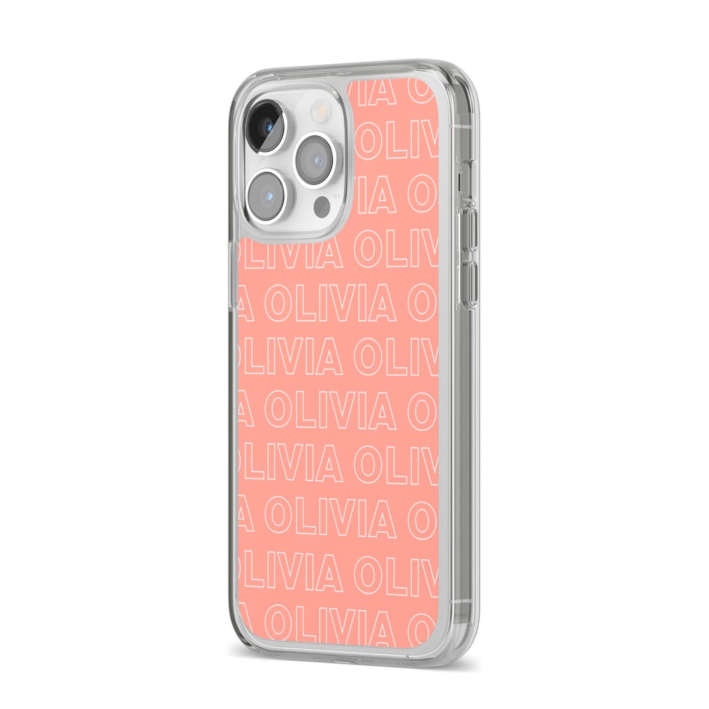 Personalised Peach Name iPhone 14 Pro Max Clear Tough Case Silver Angled Image