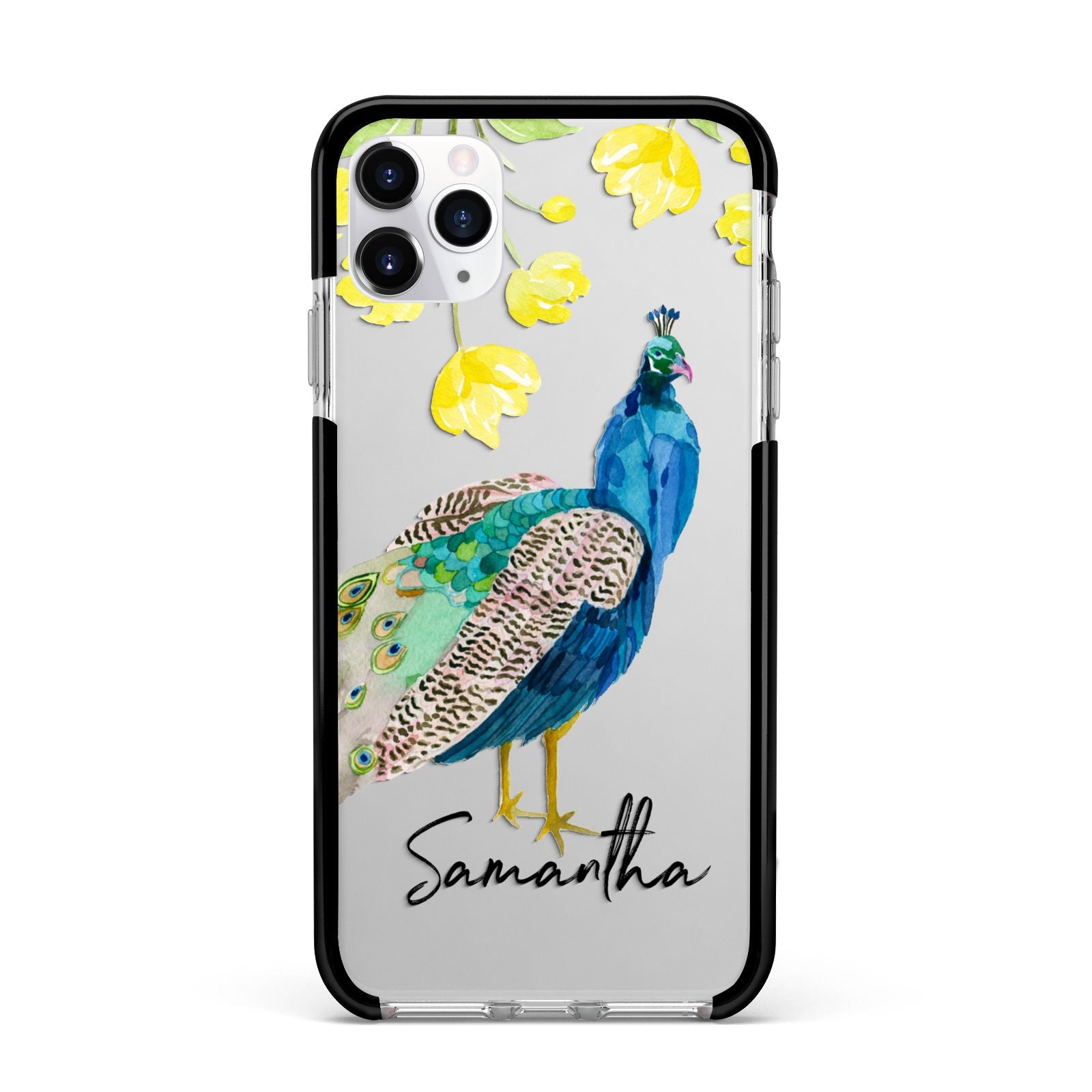 Personalised Peacock Apple iPhone 11 Pro Max in Silver with Black Impact Case
