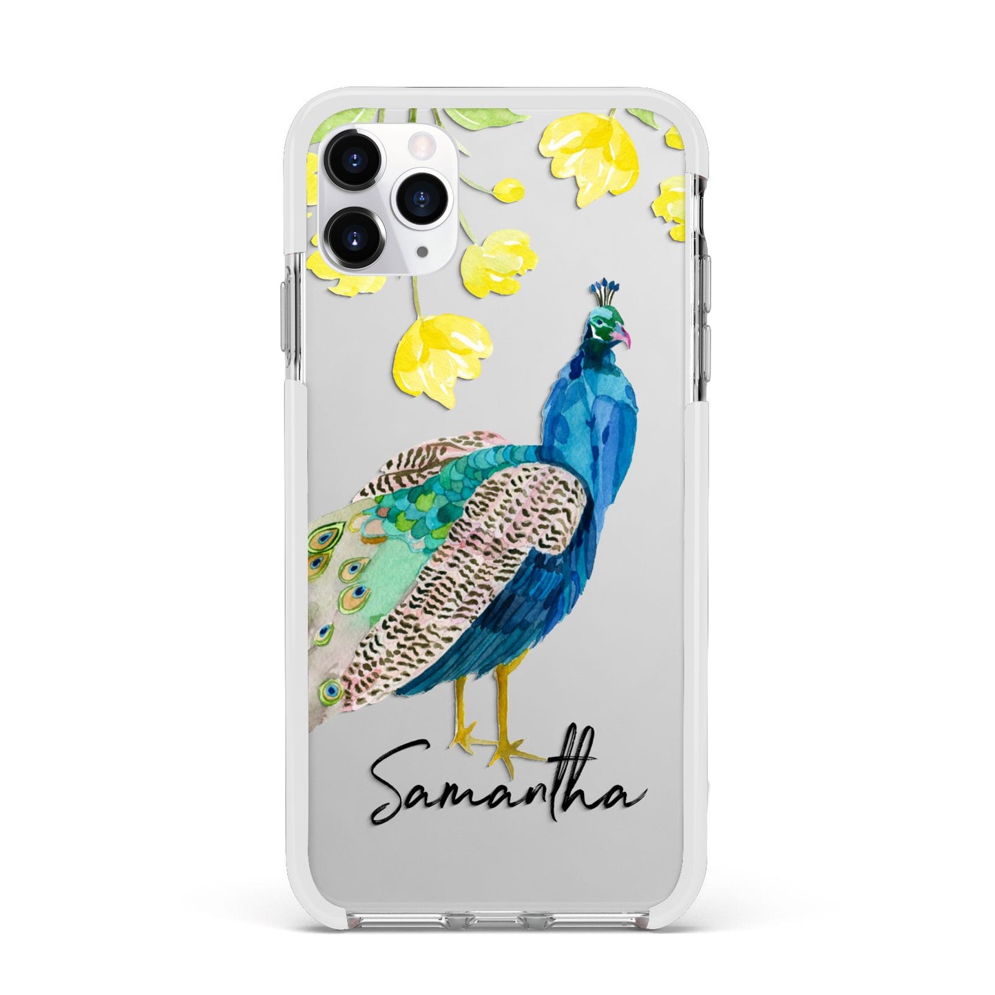 Personalised Peacock Apple iPhone 11 Pro Max in Silver with White Impact Case