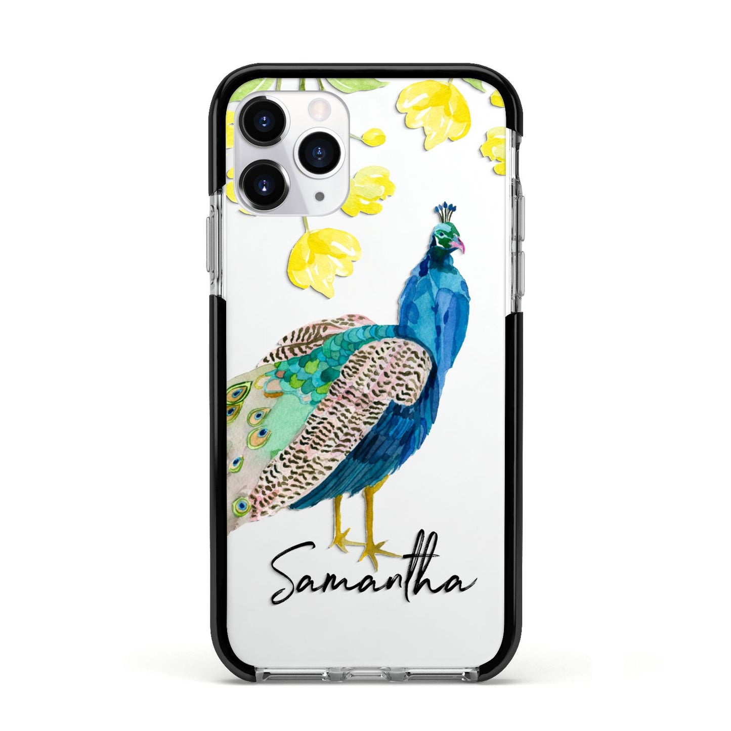 Personalised Peacock Apple iPhone 11 Pro in Silver with Black Impact Case
