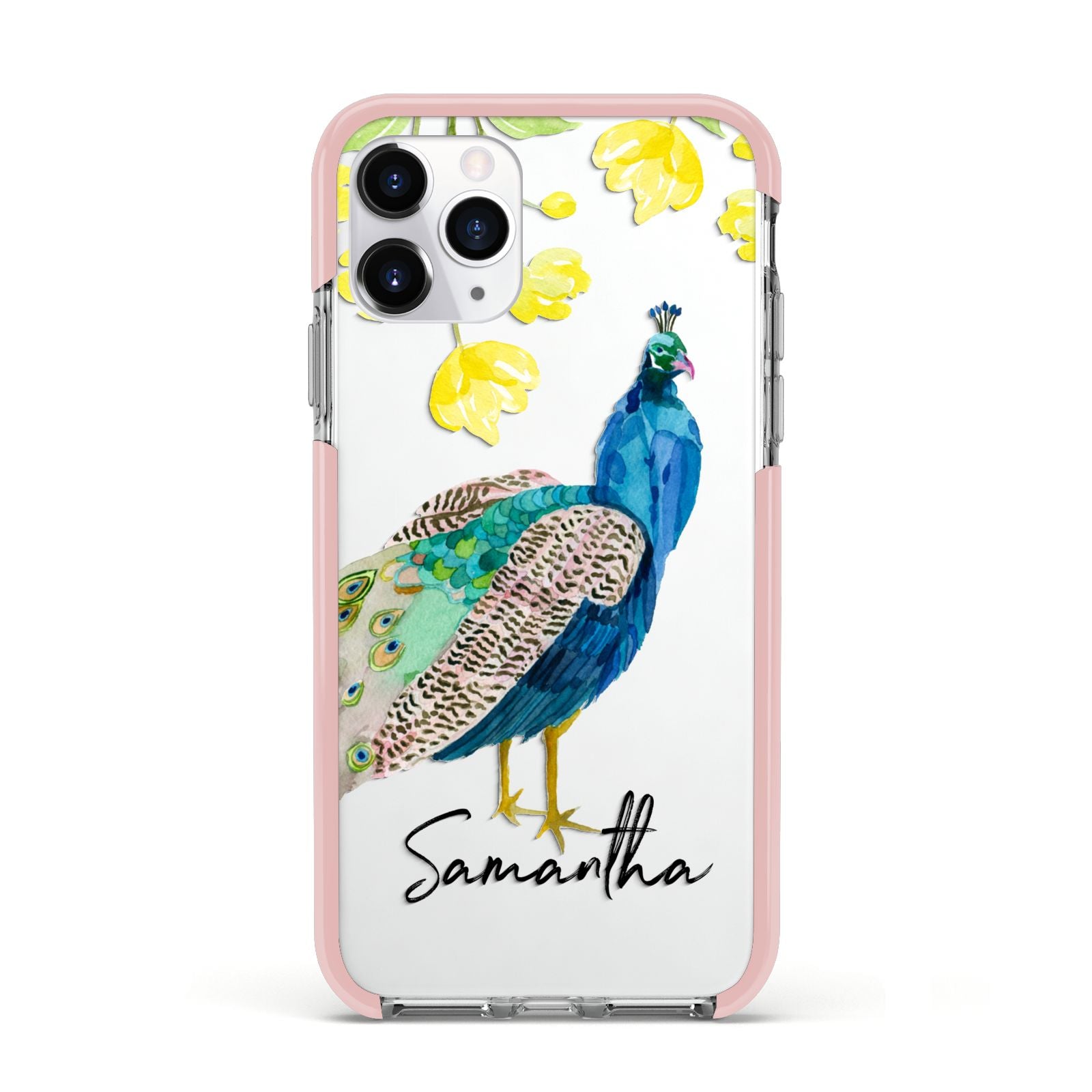 Personalised Peacock Apple iPhone 11 Pro in Silver with Pink Impact Case