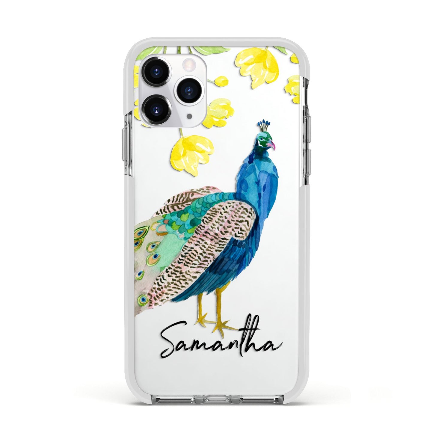 Personalised Peacock Apple iPhone 11 Pro in Silver with White Impact Case