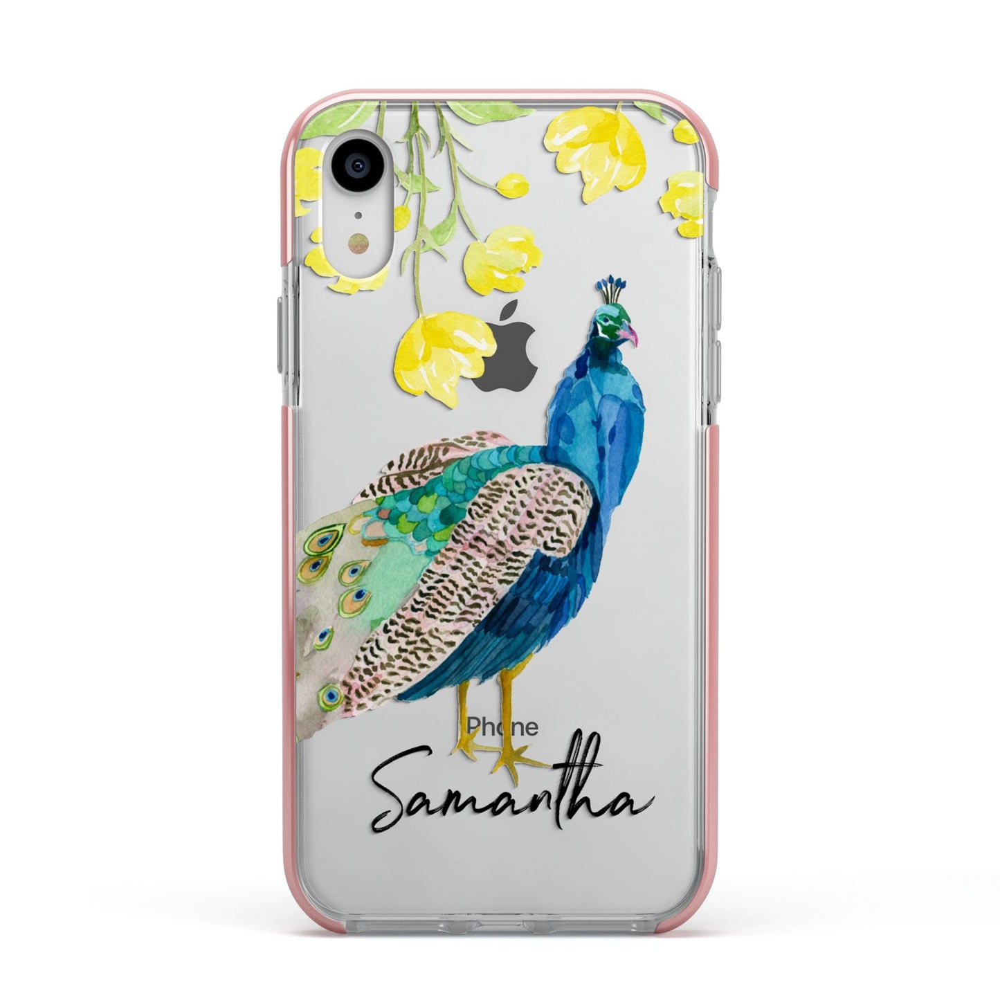 Personalised Peacock Apple iPhone XR Impact Case Pink Edge on Silver Phone