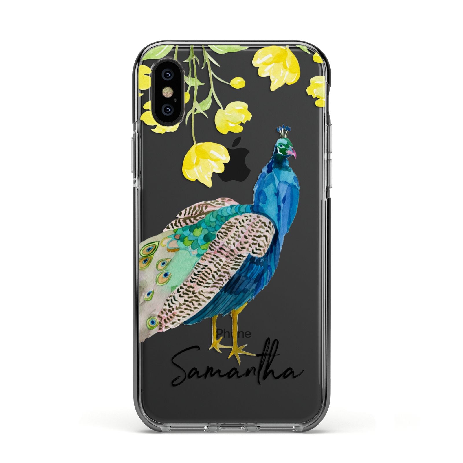 Personalised Peacock Apple iPhone Xs Impact Case Black Edge on Black Phone