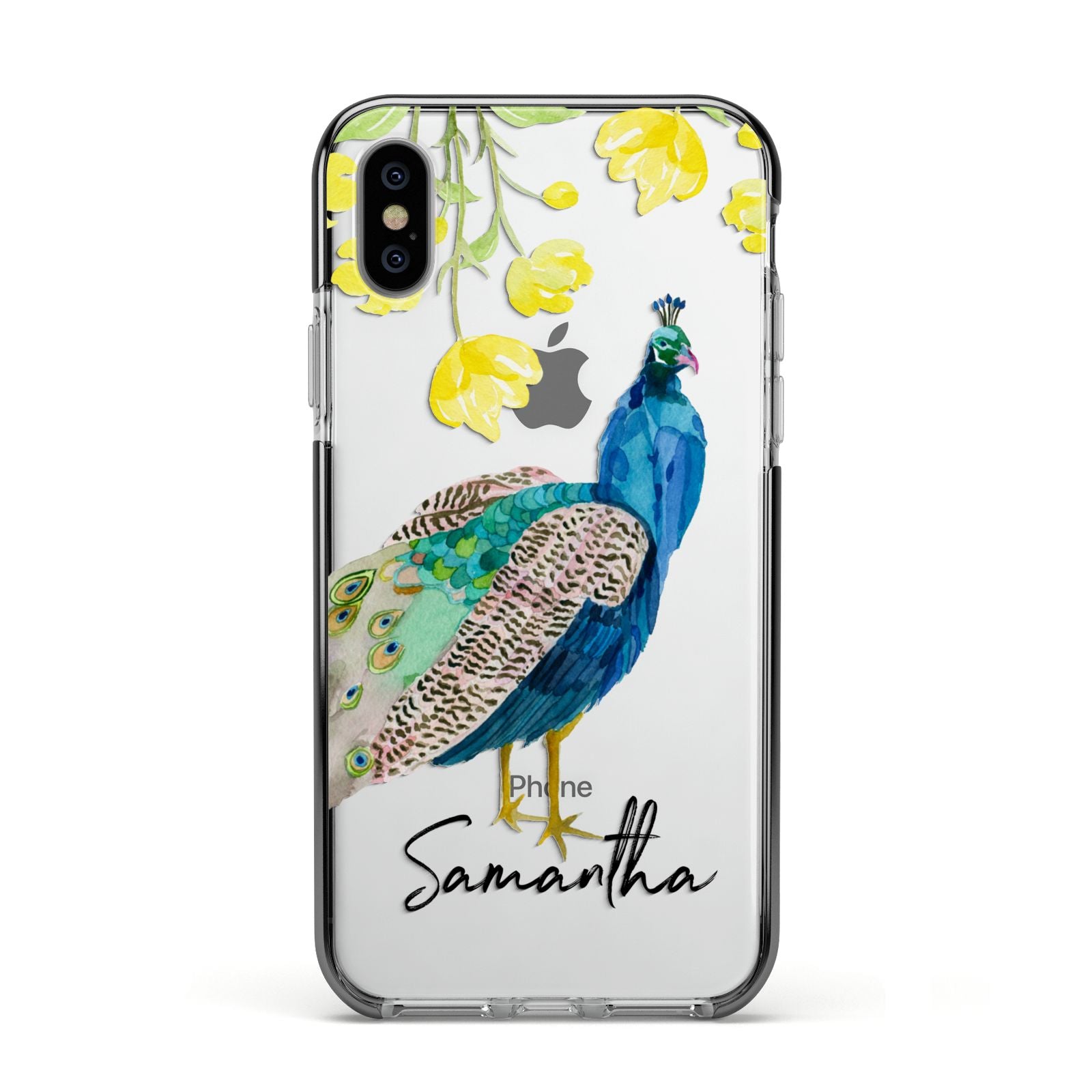 Personalised Peacock Apple iPhone Xs Impact Case Black Edge on Silver Phone