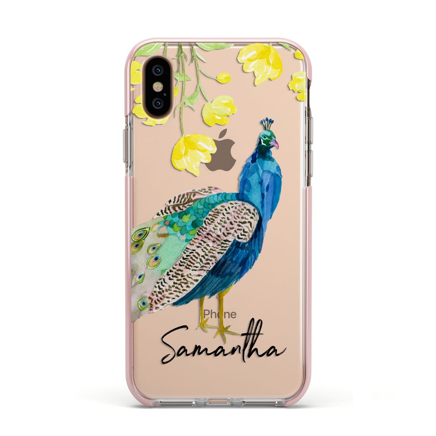 Personalised Peacock Apple iPhone Xs Impact Case Pink Edge on Gold Phone
