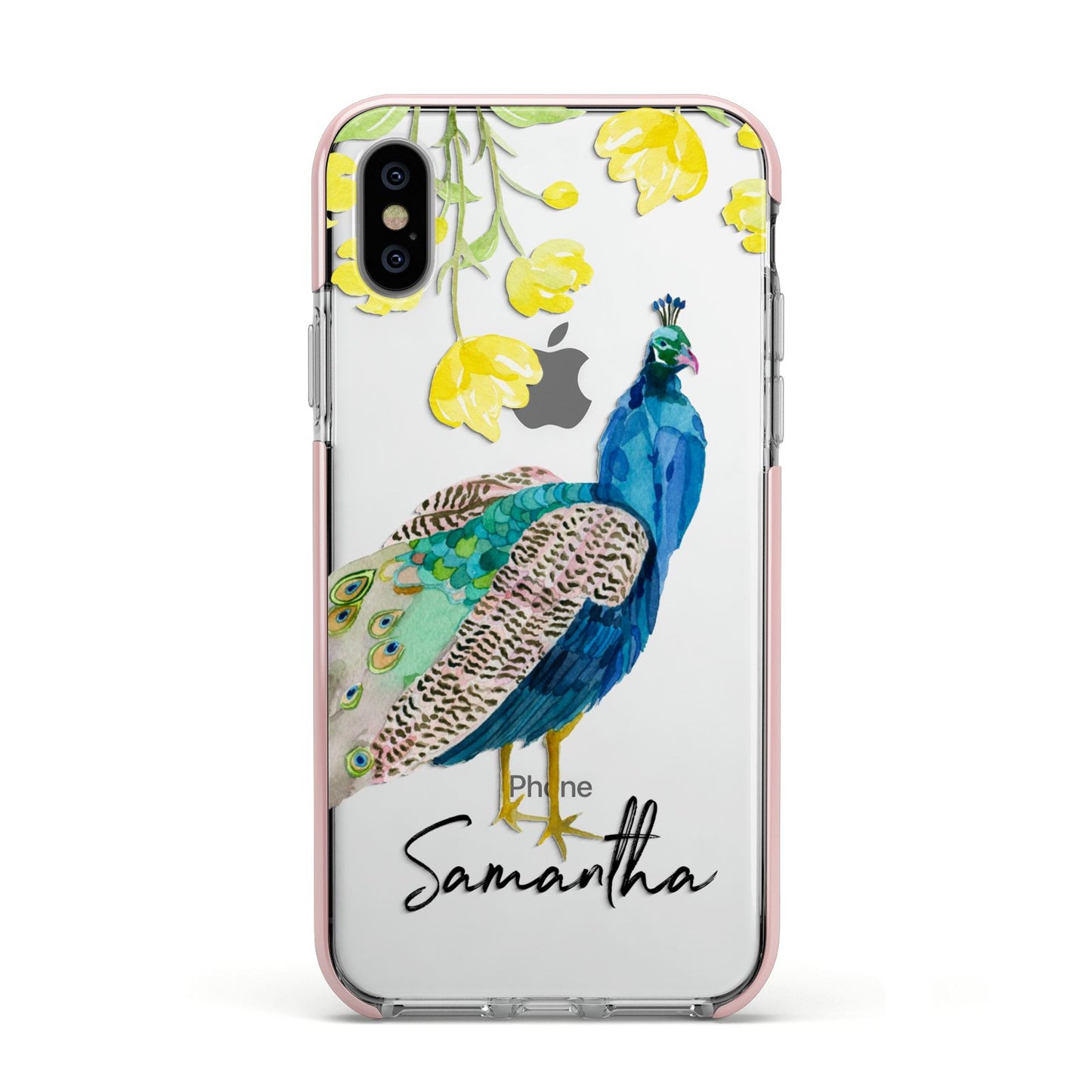 Personalised Peacock Apple iPhone Xs Impact Case Pink Edge on Silver Phone