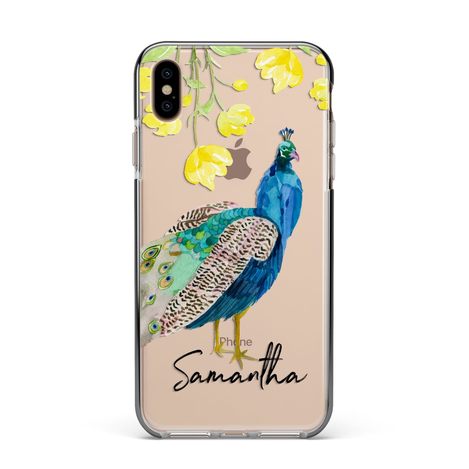 Personalised Peacock Apple iPhone Xs Max Impact Case Black Edge on Gold Phone