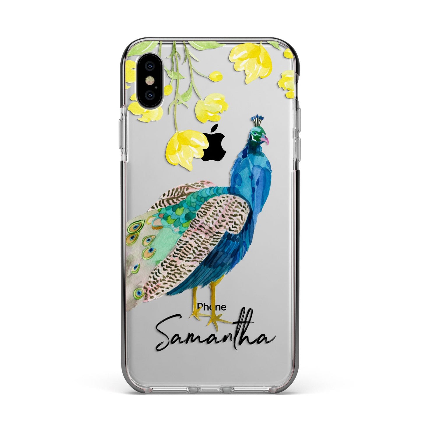 Personalised Peacock Apple iPhone Xs Max Impact Case Black Edge on Silver Phone