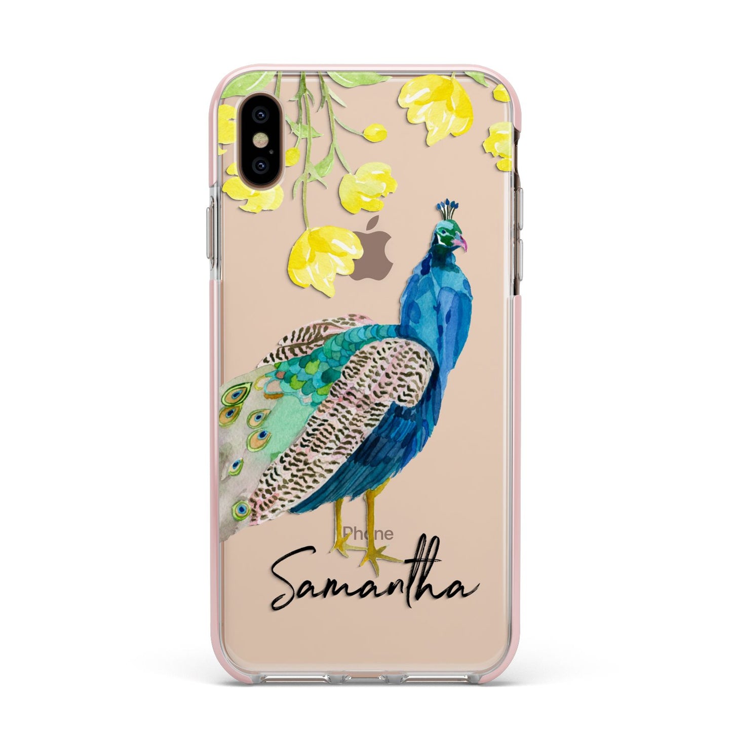 Personalised Peacock Apple iPhone Xs Max Impact Case Pink Edge on Gold Phone