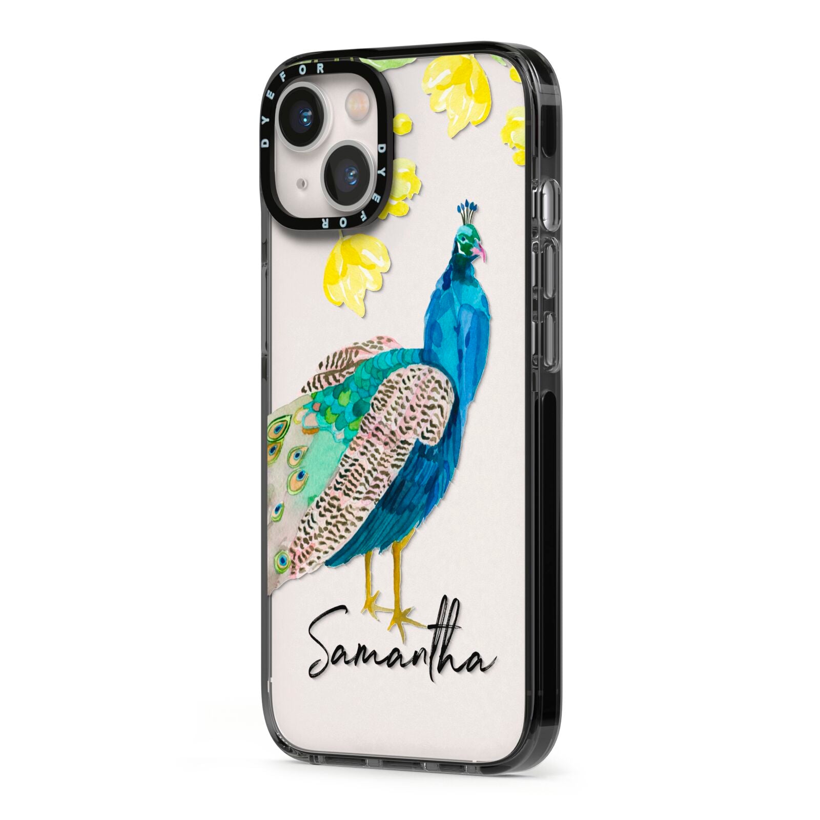 Personalised Peacock iPhone 13 Black Impact Case Side Angle on Silver phone