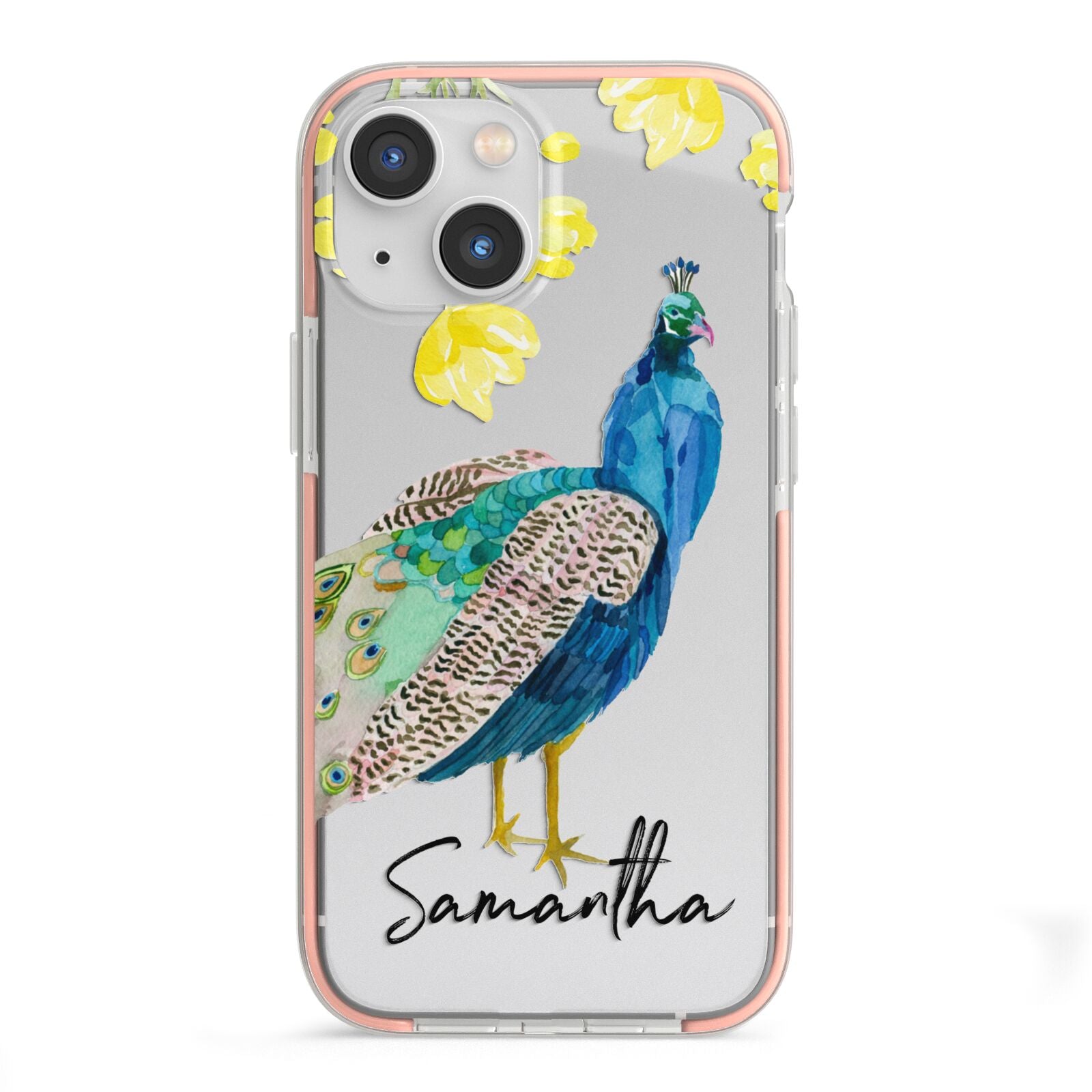 Personalised Peacock iPhone 13 Mini TPU Impact Case with Pink Edges