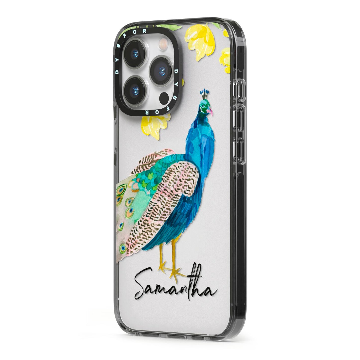 Personalised Peacock iPhone 13 Pro Black Impact Case Side Angle on Silver phone