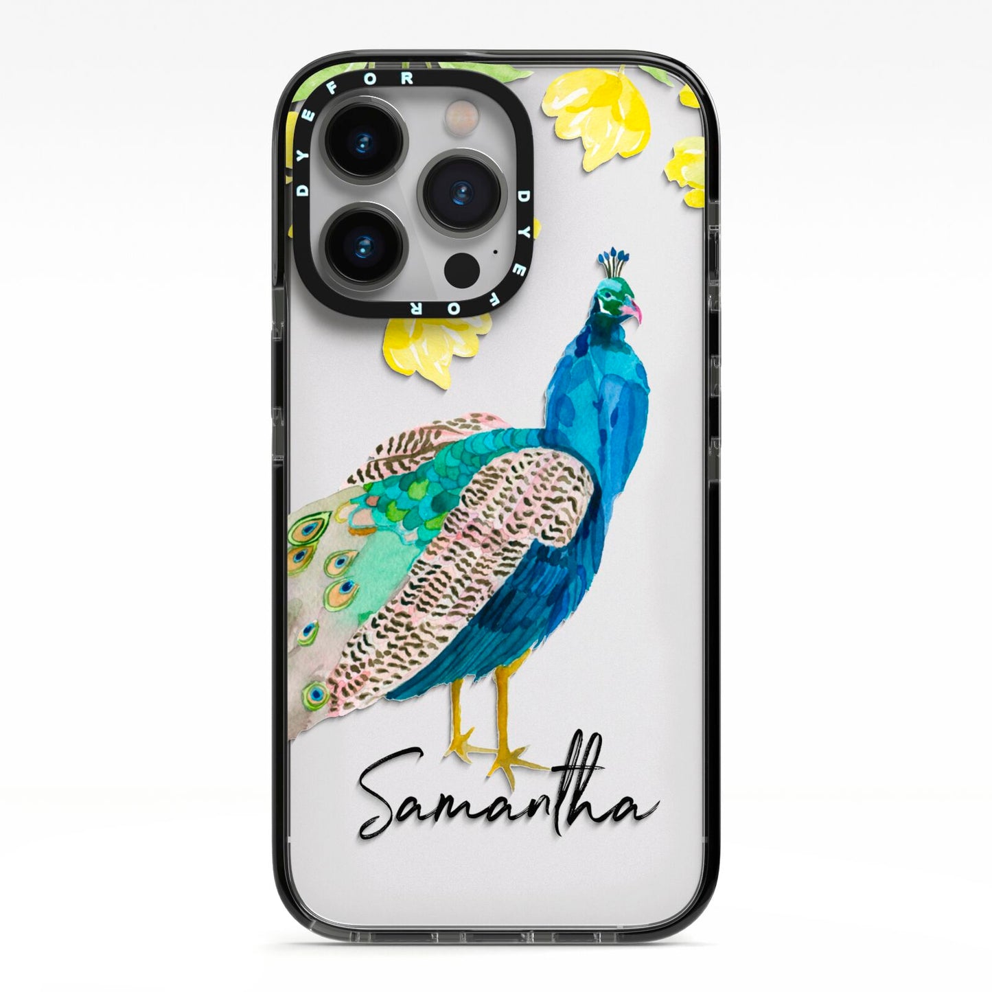 Personalised Peacock iPhone 13 Pro Black Impact Case on Silver phone
