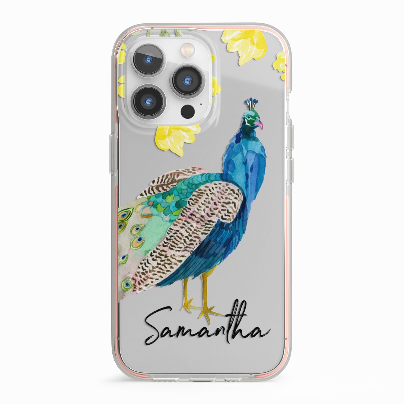 Personalised Peacock iPhone 13 Pro TPU Impact Case with Pink Edges
