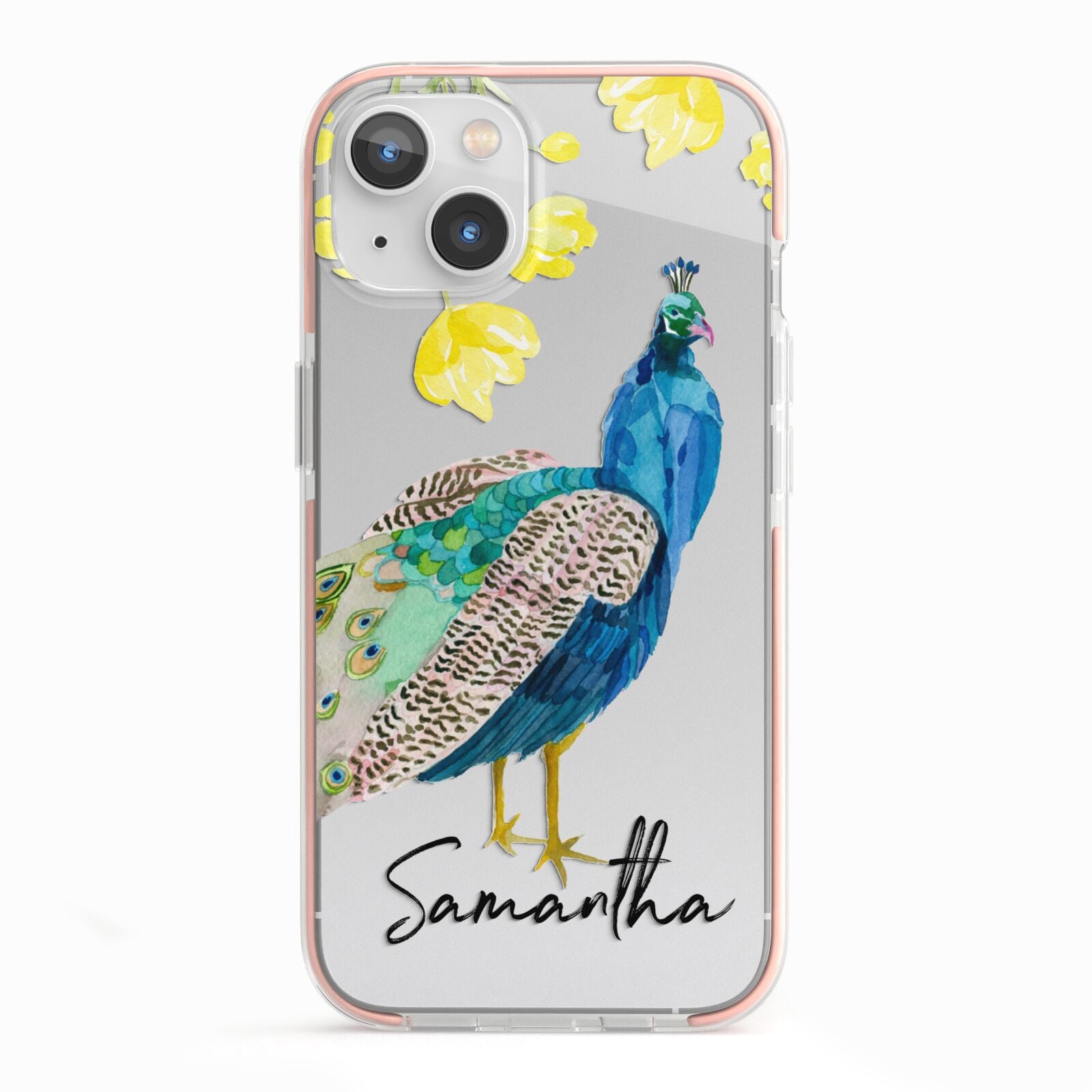 Personalised Peacock iPhone 13 TPU Impact Case with Pink Edges