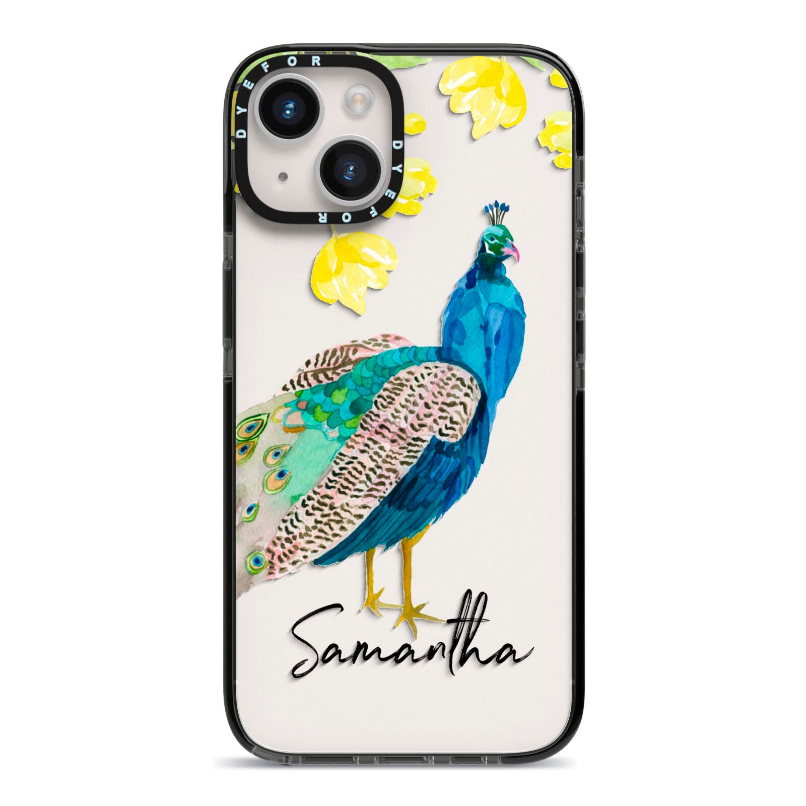 Personalised Peacock iPhone 14 Black Impact Case on Silver phone