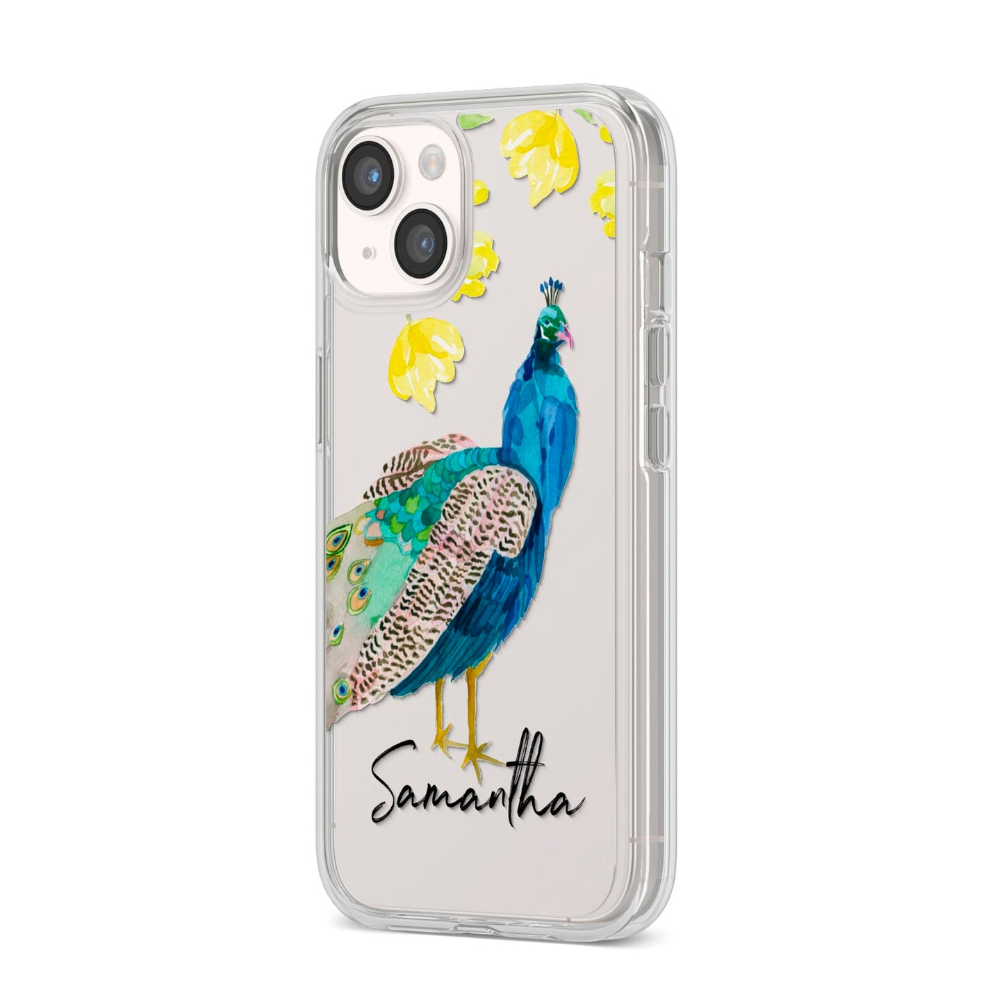 Personalised Peacock iPhone 14 Clear Tough Case Starlight Angled Image