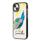 Personalised Peacock iPhone 14 Plus Black Impact Case Side Angle on Silver phone