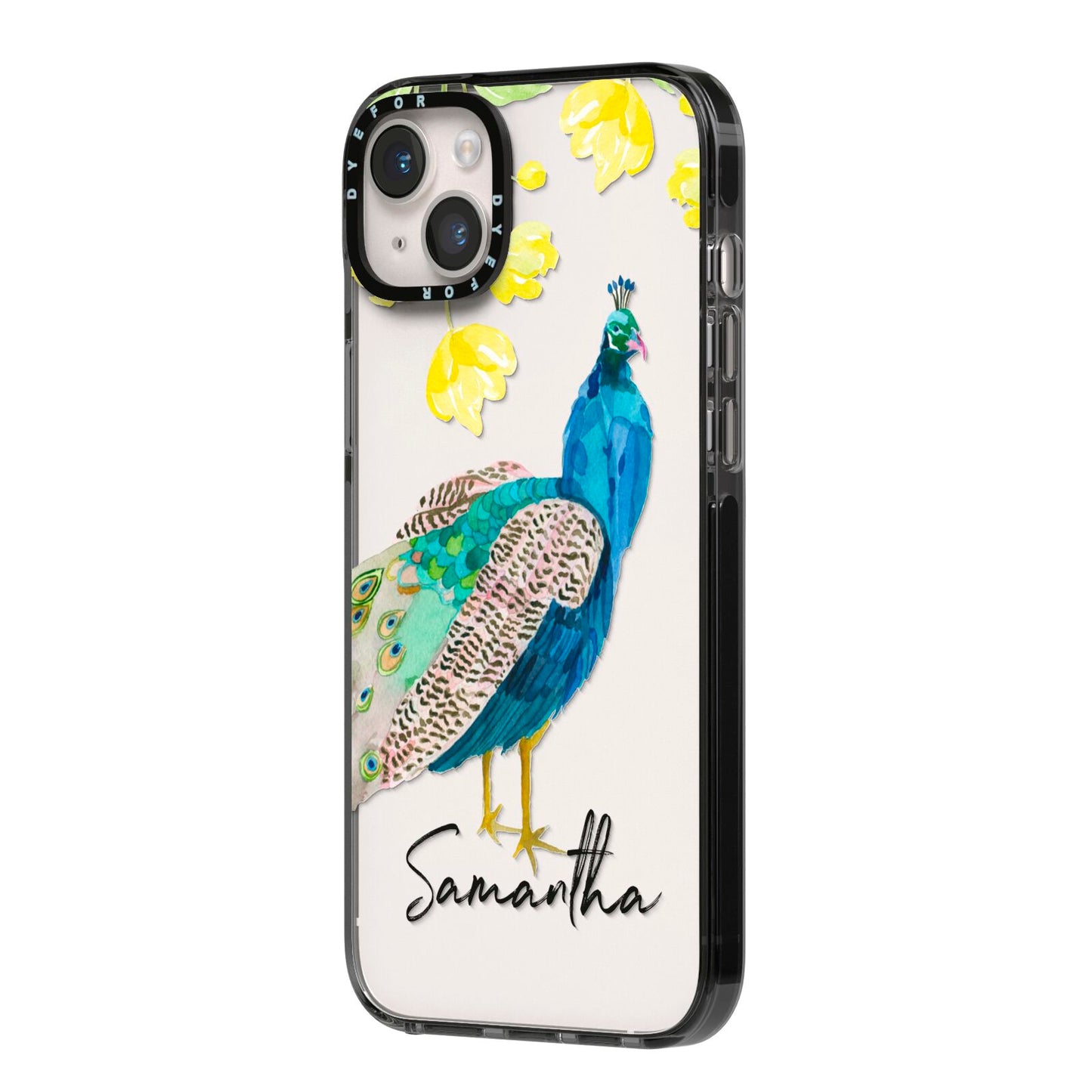 Personalised Peacock iPhone 14 Plus Black Impact Case Side Angle on Silver phone