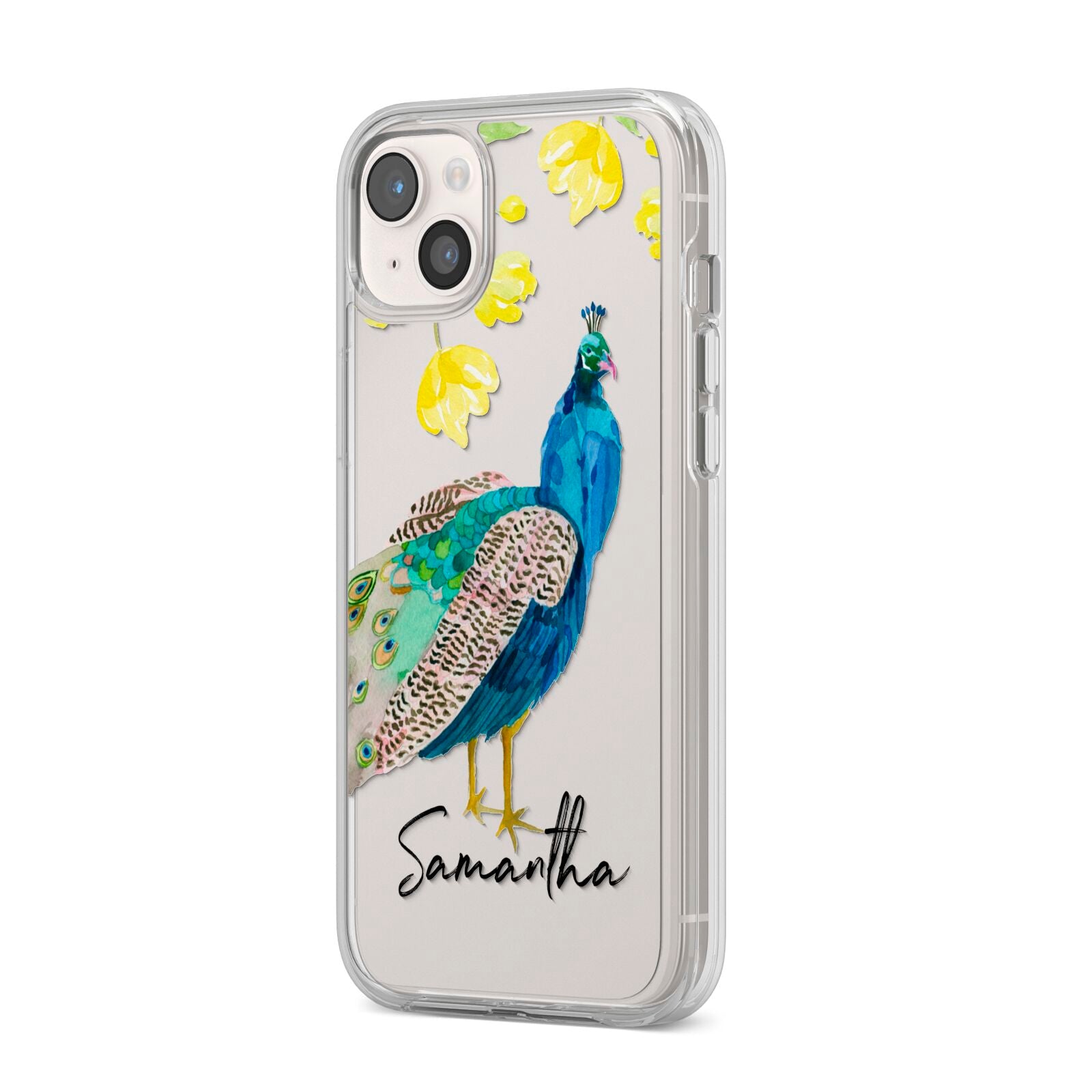 Personalised Peacock iPhone 14 Plus Clear Tough Case Starlight Angled Image