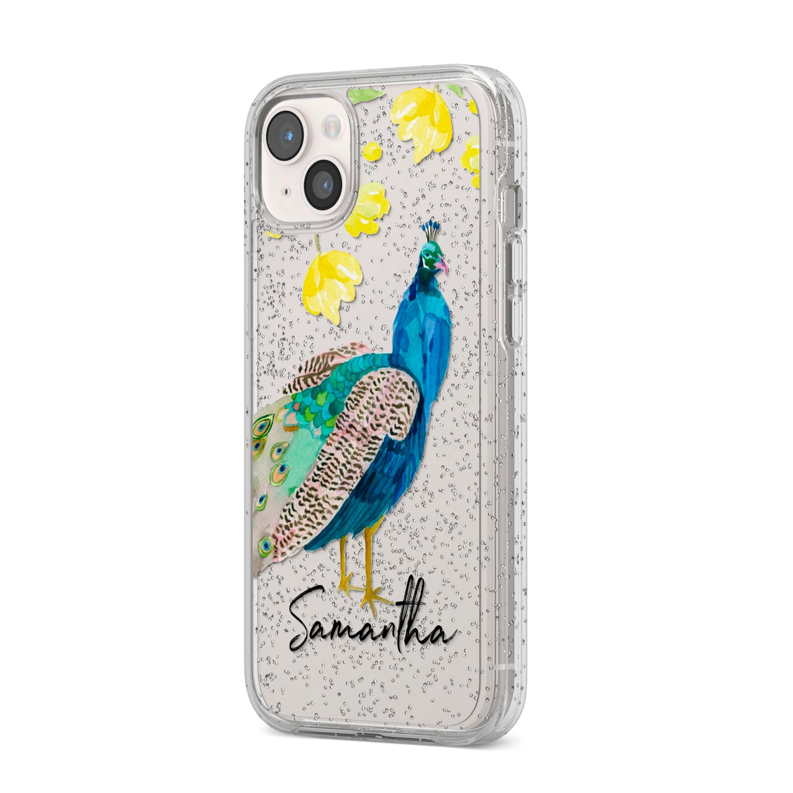 Personalised Peacock iPhone 14 Plus Glitter Tough Case Starlight Angled Image