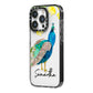 Personalised Peacock iPhone 14 Pro Black Impact Case Side Angle on Silver phone