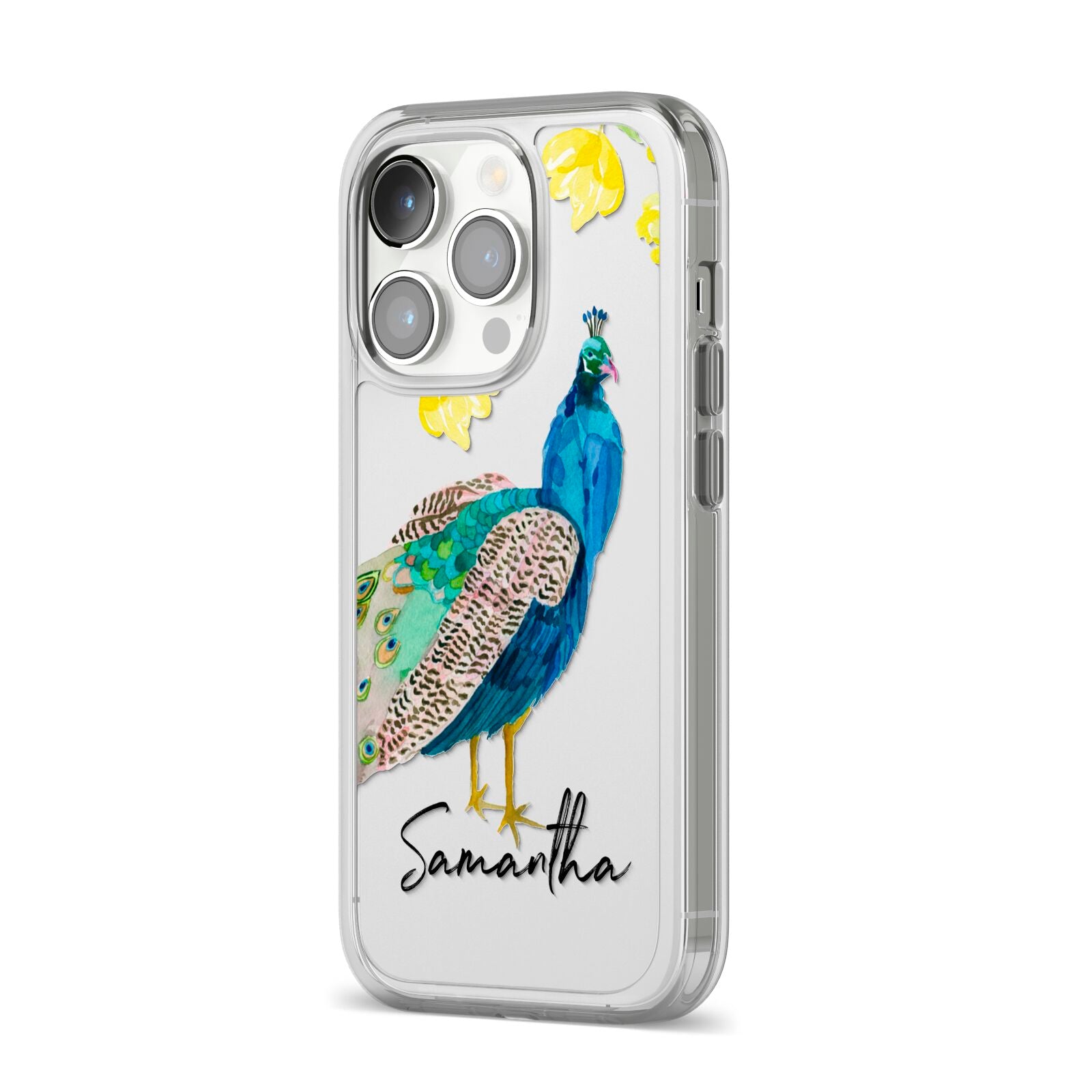 Personalised Peacock iPhone 14 Pro Clear Tough Case Silver Angled Image
