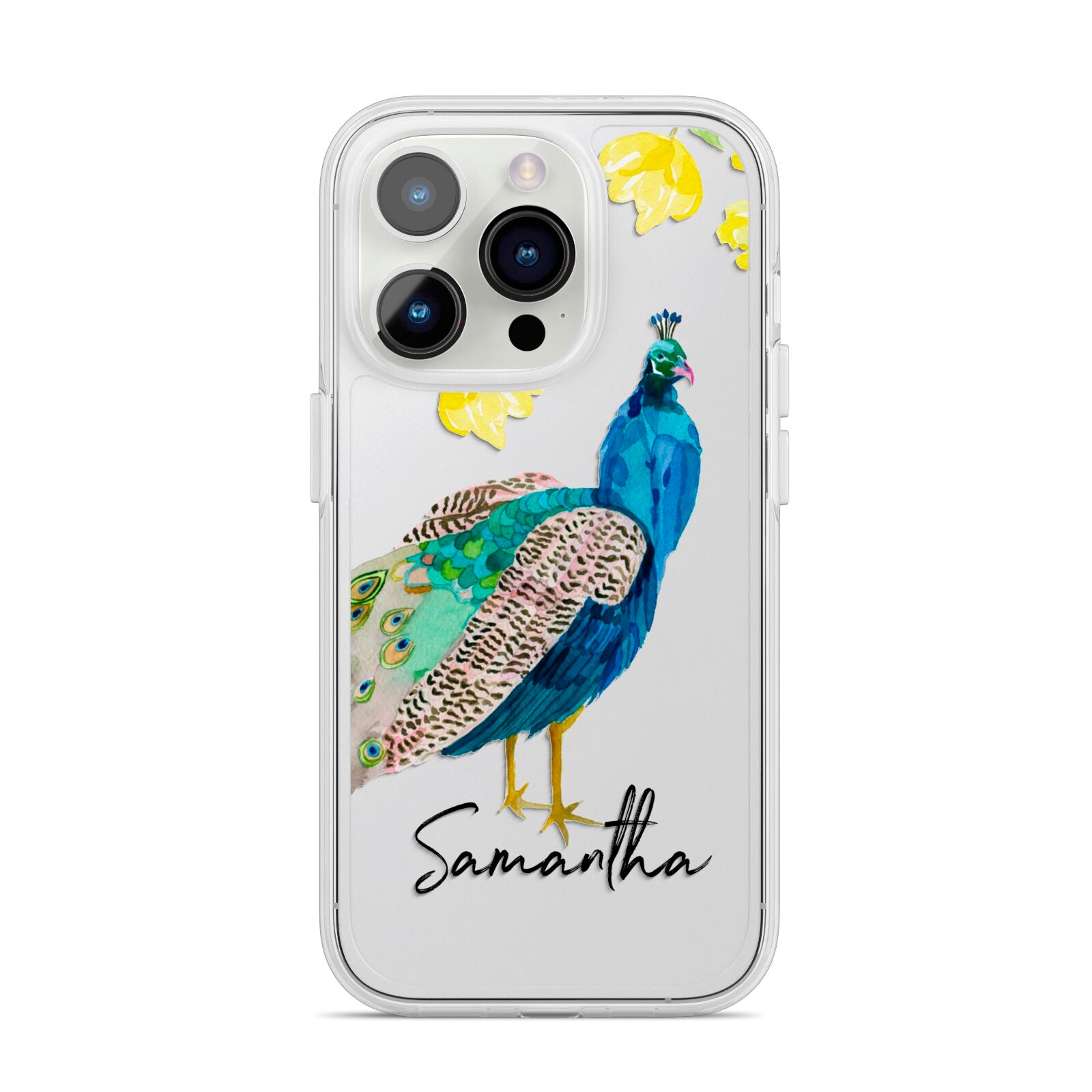 Personalised Peacock iPhone 14 Pro Clear Tough Case Silver