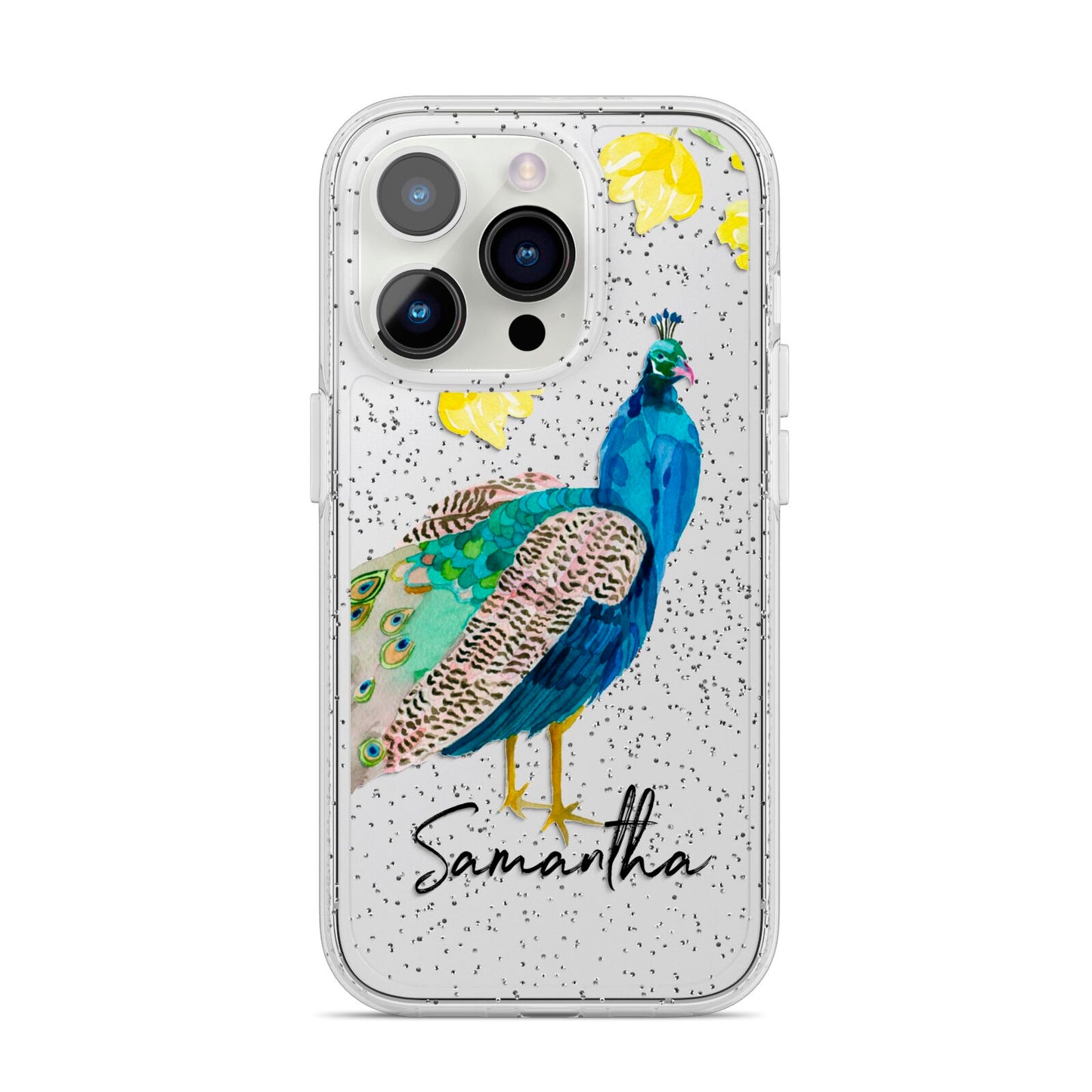 Personalised Peacock iPhone 14 Pro Glitter Tough Case Silver