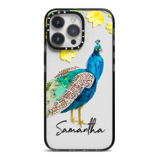 Personalised Peacock iPhone 14 Pro Max Black Impact Case on Silver phone